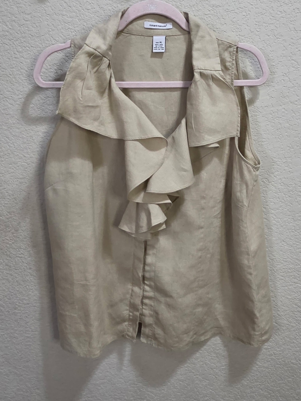 Ruffle Front Sleeveless Linen Blend Blouse - Neutral Beige